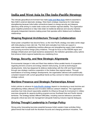India and West Asia In The Indo-Pacific Strategy