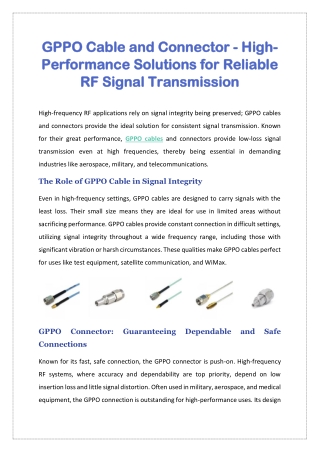 GPPO Cable and Connector - High-Performance Solutions for Reliable RF Signal Transmission