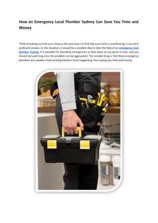 How an Emergency Local Plumber Sydney Can Save You Time and Money