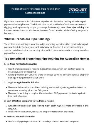 The Benefits of Trenchless Pipe Relining for Australian Homes