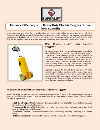 Enhance Efficiency with Heavy Duty Electric Tuggers Online from Superlift