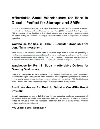 Affordable Small Warehouses for Rent in Dubai – Perfect for Startups and SMEs