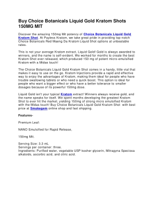 Buy Choice Botanicals Liquid Gold Kratom Shots 150MG MIT