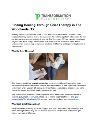Compassionate Grief Counseling in The Woodlands, TX – Find Healing and Support