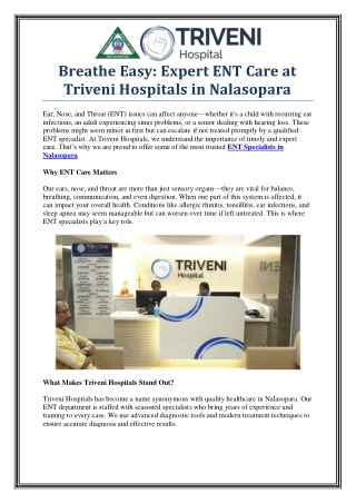 Trusted ENT Specialists in Nalasopara – Triveni Hospitals
