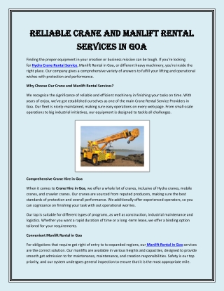Reliable Crane and Manlift Rental Services in Goa