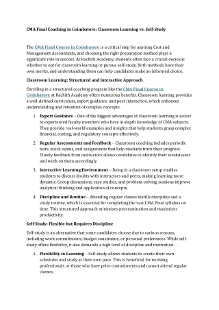 CMA Final Coaching in Coimbatore Classroom Learning vs. Self-Study