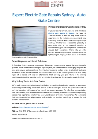 Expert Electric Gate Repairs Sydney - Auto Gate Centre