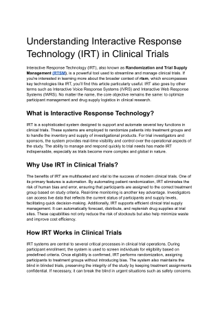 Understanding Interactive Response Technology (IRT) in Clinical Trials