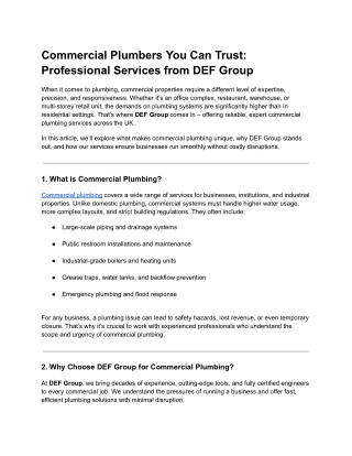 Commercial Plumbers You Can Trust Professional Services from DEF Group