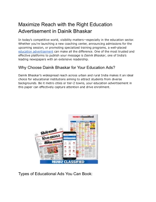 Maximize Reach with the Right Education Advertisement in Dainik Bhaskar
