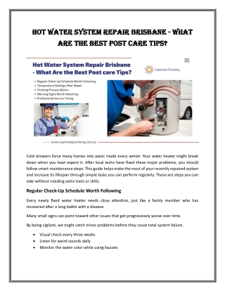 Hot Water System Repair Brisbane – What Are the Best Post care Tips?