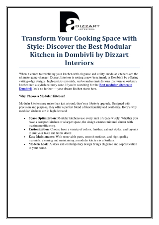 Looking for the Best Modular Kitchen in Dombivli? Choose Dizzart Interiors