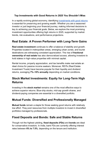 Top Investments with Good Returns in 2025 You Shouldn’t Miss