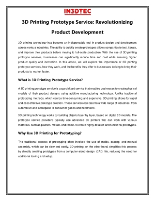 3D Printing Prototype Service - Revolutionizing Product Development