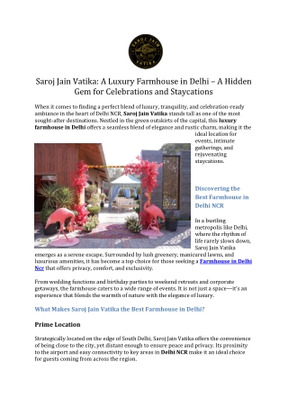 Saroj Jain Vatika A Luxury Farmhouse in Delhi – A Hidden Gem for Celebrations and Staycations