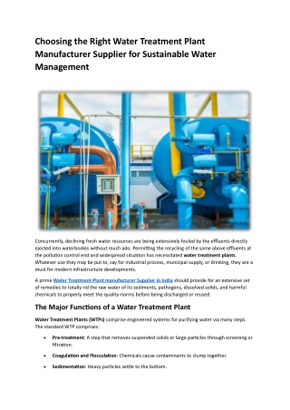 Choosing the Right Water Treatment Plant Manufacturer Supplier for Sustainable Water Management