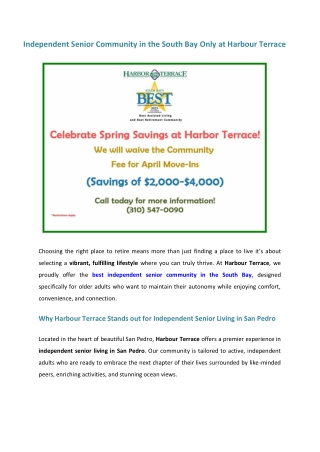 Independent senior community in the South Bay only at Harbour Terrace