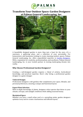 Transform Your Outdoor Space Garden Designers at Palmas General Landscaping, Inc