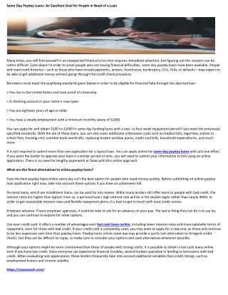 Same Day Payday Loans An Excellent Deal for People in Need of a Loan