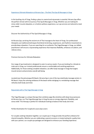 Thai Spa & Massages in Vizag - Nirvana Spa