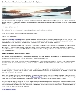 Short Term Loans Online Additional Funds Determined by Monthly Income