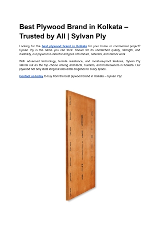 Best Plywood Brand in Kolkata – Trusted by All _ Sylvan Ply