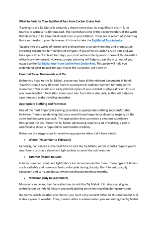 What to Pack for Your Taj Mahal Tour from Cochin Cruise Port