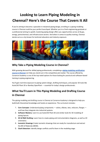 Thinking About a Career in Piping Design? Start with This Course in Chennai