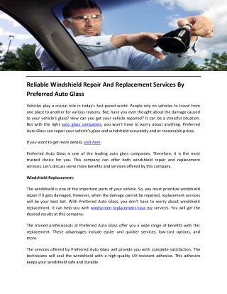 Reliable Windshield Repair And Replacement Services By Preferred Auto Glass