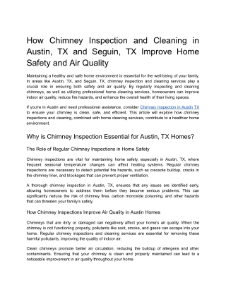 How Chimney Inspection and Cleaning in Austin, TX and Seguin, TX Improve Home Safety and Air Quality