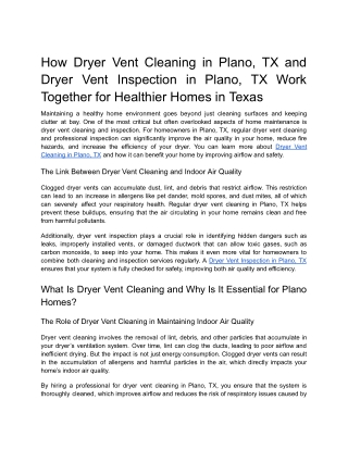 How Dryer Vent Cleaning in Plano, TX and Dryer Vent Inspection in Plano, TX Work Together for Healthier Homes in Texas