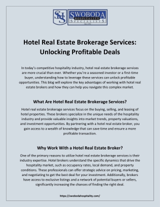Hotel Real Estate Brokerage Services -Unlocking Profitable Deals