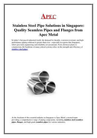Stainless Steel Pipe Solutions in Singapore Quality Seamless Pipes and Flanges from Apec Metal