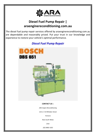 Diesel Fuel Pump Repair araenginereconditioning.com.au