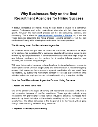Why Businesses Rely on the Best Recruitment Agencies for Hiring Success