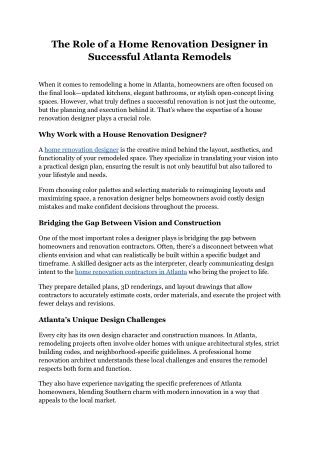 The Role of a Home Renovation Designer in Successful Atlanta Remodels