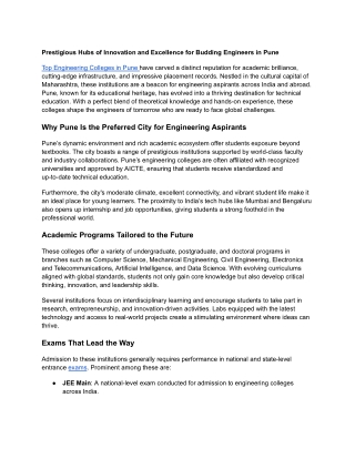 Prestigious Hubs of Innovation and Excellence for Budding Engineers in Pune