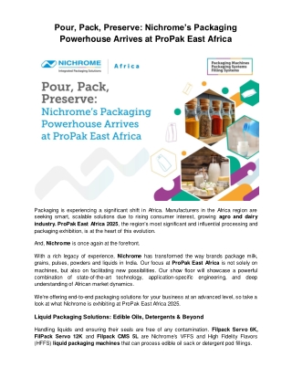 Pour, Pack, Preserve: Nichrome’s Packaging Powerhouse Arrives at ProPak East Afr
