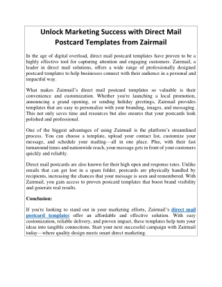 Unlock Marketing Success with Direct Mail Postcard Templates from Zairmail