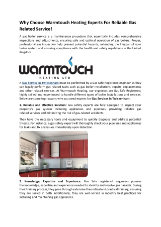 Why Choose Warmtouch Heating Experts For Reliable Gas Related Service!