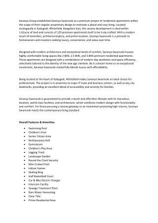 Saranya Swarovski | Bangalore’s Premium 2 & 3 BHK Apartments