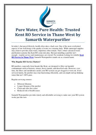 Same-Day Kent RO Service in Thane West by Samarth Waterpurifier