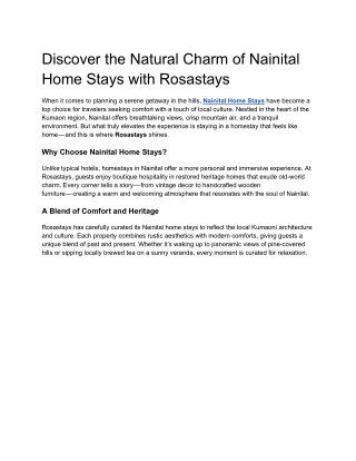 Discover the Natural Charm of Nainital Home Stays with Rosastays