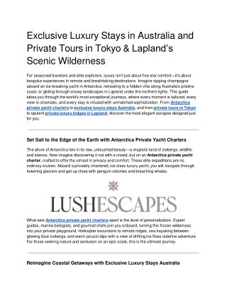 Exclusive Luxury Stays in Australia and Private Tours in Tokyo & Lapland’s Scenic Wilderness