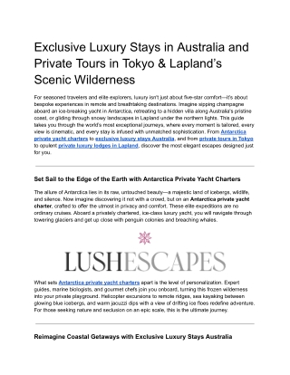 Exclusive Luxury Stays in Australia and Private Tours in Tokyo & Lapland’s Scenic Wilderness