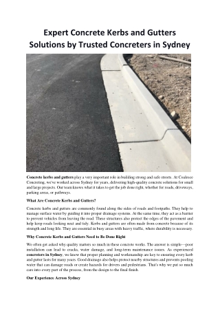 Expert Concrete Kerbs and Gutters Solutions by Trusted Concreters in Sydney