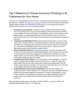 Top 5 Reasons to Choose Economy Plumbing in St Catharines