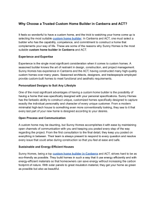 Why Sunny Homes Are the Trusted Custom Home Builders in Canberra and ACT