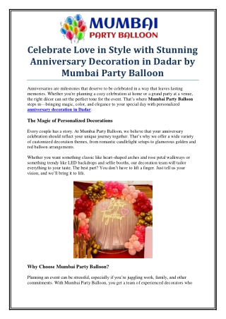 Best Anniversary Decoration in Dadar by Mumbai Party Balloon